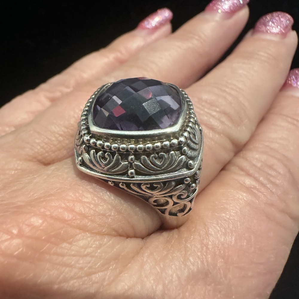 Artisan 925 Sterling Silver Checkerboard Amethyst Statement Ring Ornate